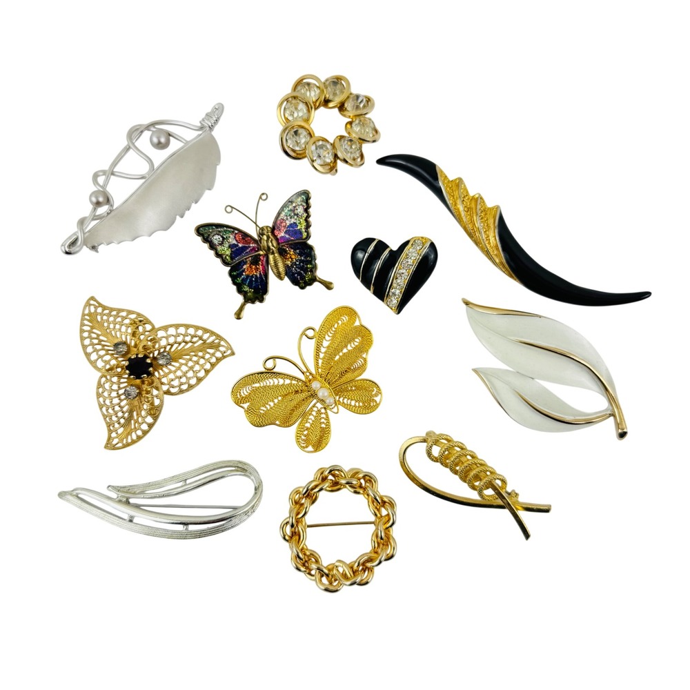 Vintage Brooch Pin Lot 10pc Trifari‎ Monet Gold Silver Tone Butterfly Leaf Heart